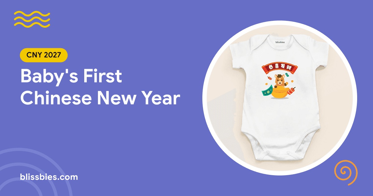 Blissbies title card: Baby's First Chinese New Year, with a white Blissbies CNY baby romper