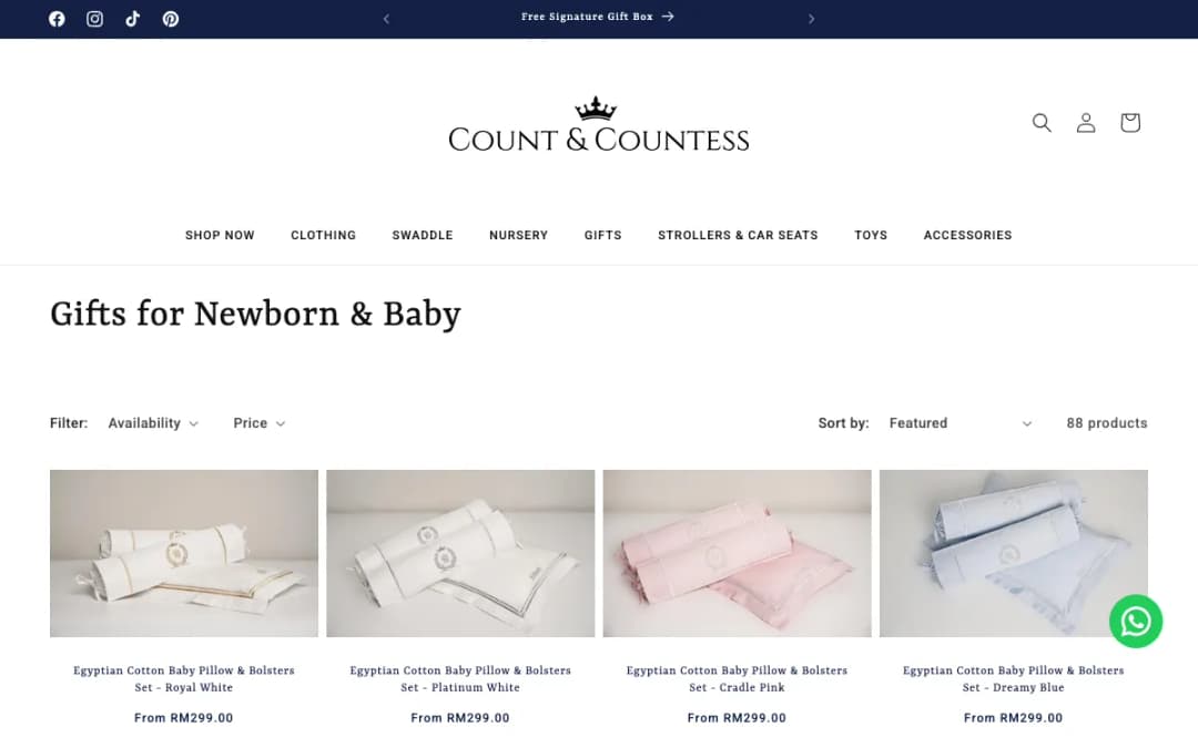 Screenshot of the Count & Countess gifts for newborn and baby page, taken 17 Oct 2026
