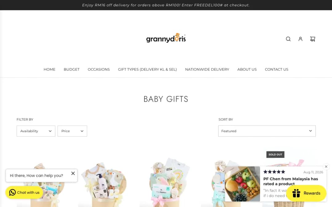Screenshot of the Granny Doris baby gifts nationwide delivery page, taken 17 Oct 2026
