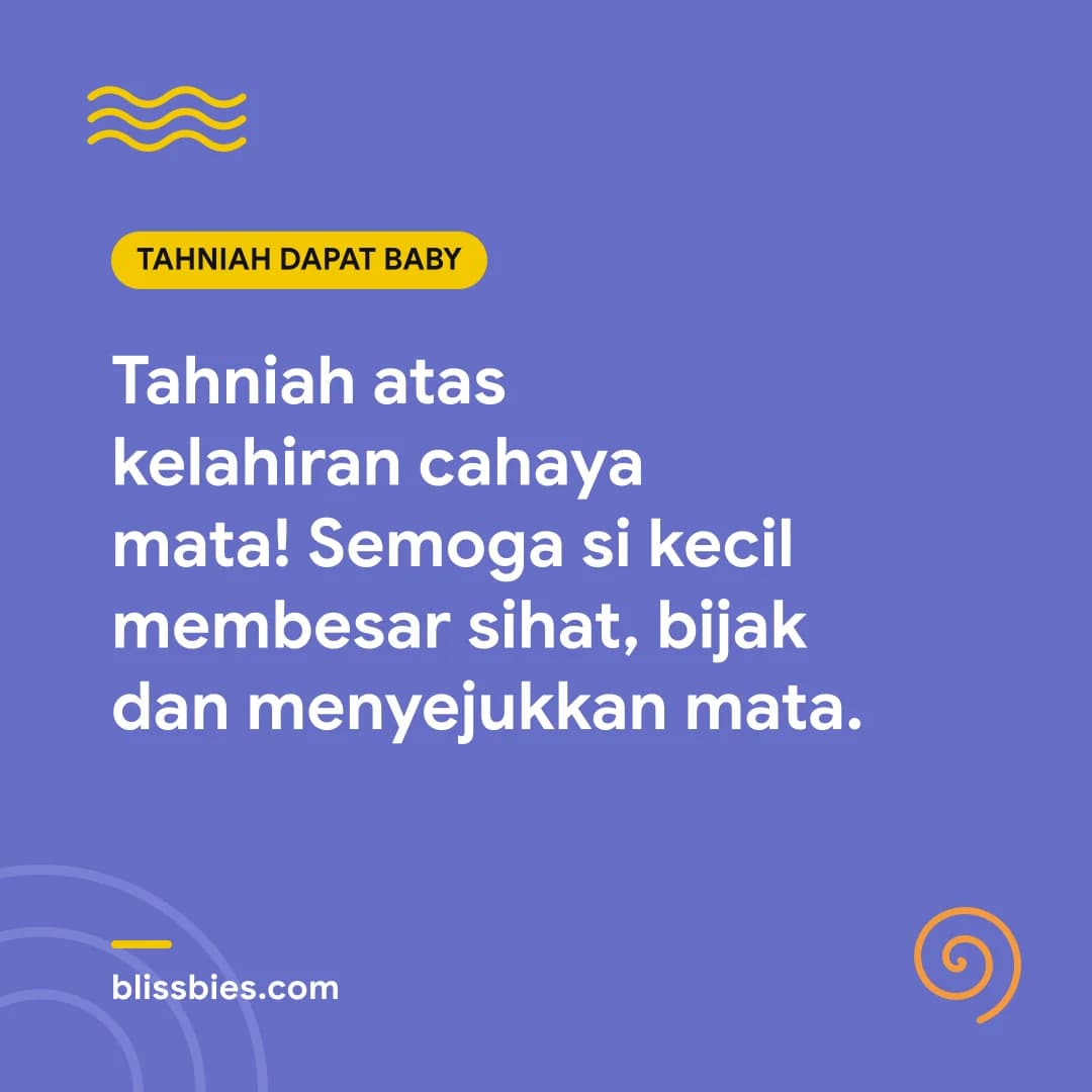 Kad ucapan tahniah dapat baby warna ungu Blissbies: Tahniah atas kelahiran cahaya mata! Semoga si kecil membesar sihat, bijak dan menyejukkan mata.