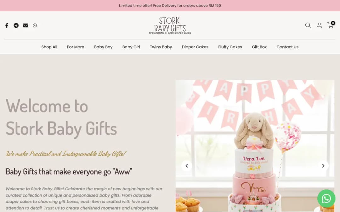 Screenshot of the Stork Baby Gifts diaper cakes website, taken 15 Oct 2026