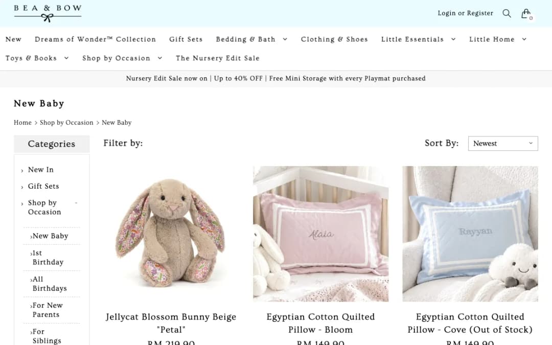 Screenshot of the Bea & Bow website, taken 15 Oct 2026