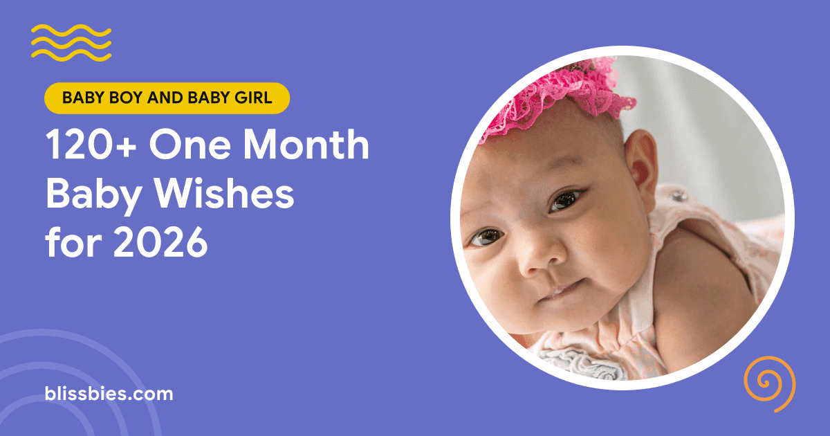 Title card: 120+ One Month Baby Wishes for 2026, with a baby girl in a pink flower headband