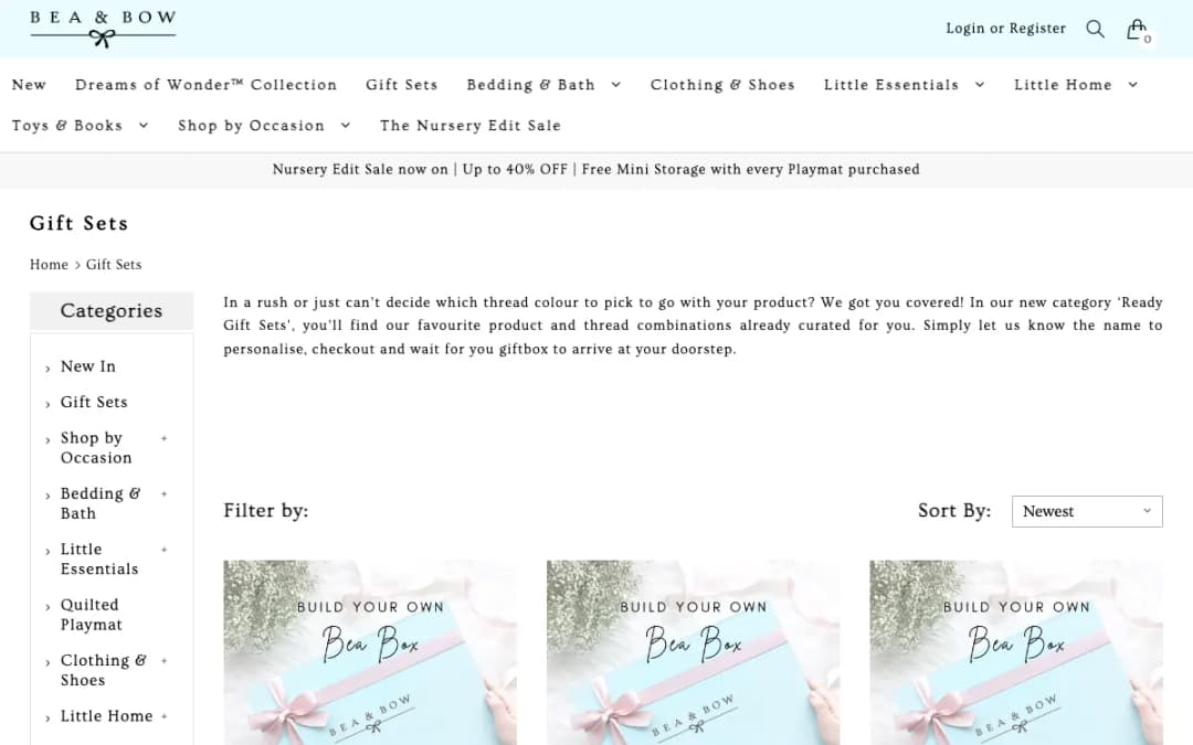 Screenshot of the Bea & Bow gift sets page, taken 16 Oct 2026