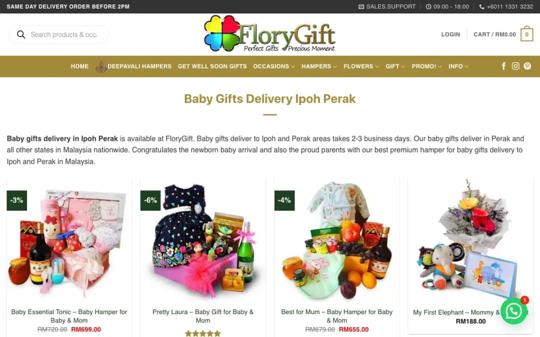 Screenshot of the FloryGift Ipoh Perak baby gifts page, taken 16 Oct 2026