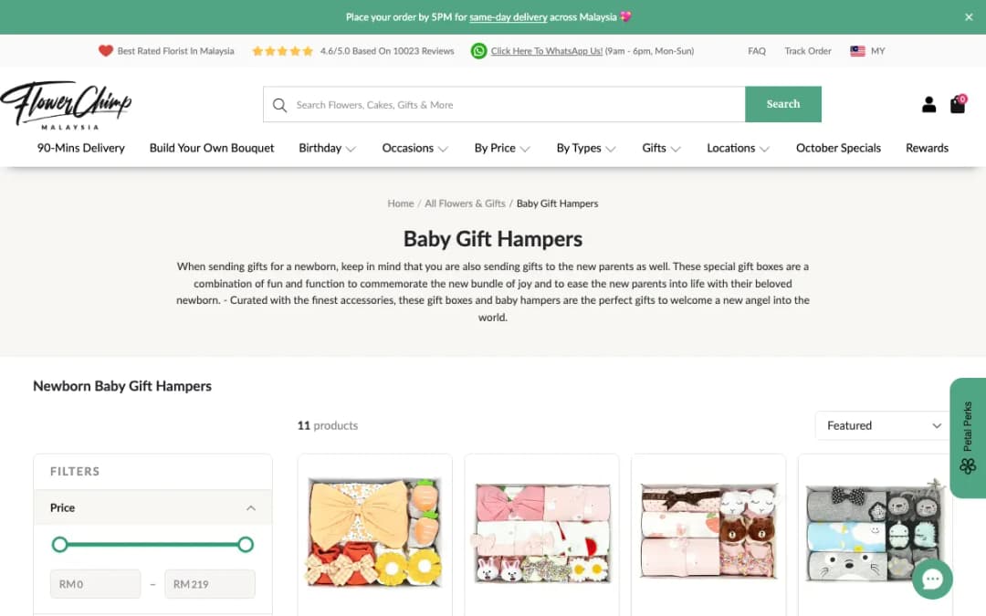 Screenshot of the Flower Chimp baby gift hampers page, taken 16 Oct 2026