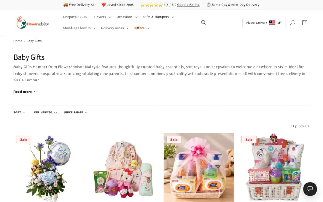 Screenshot of the FlowerAdvisor baby gifts page, taken 16 Oct 2026