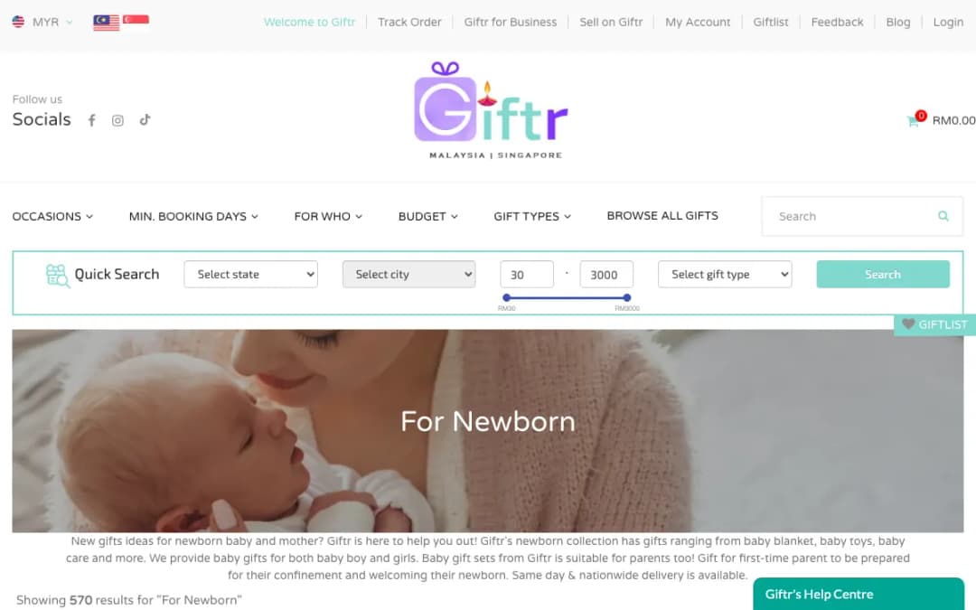 Screenshot of the Giftr newborn gifts page, taken 16 Oct 2026
