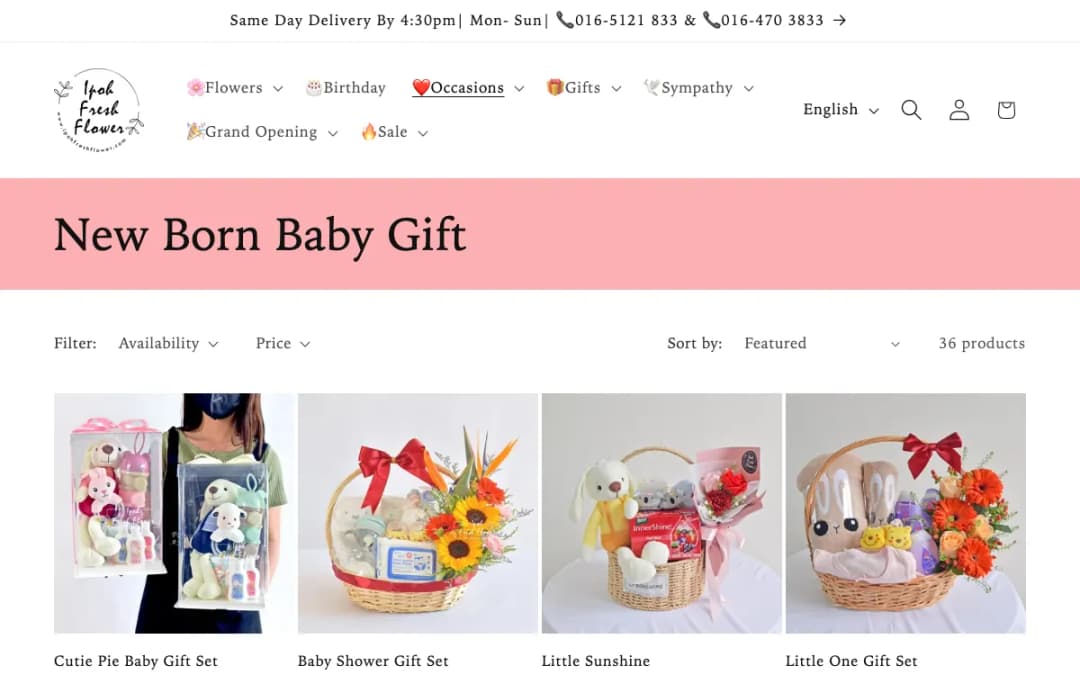 Screenshot of the Ipoh Fresh Flower New Born Baby Gift page, taken 16 Oct 2026