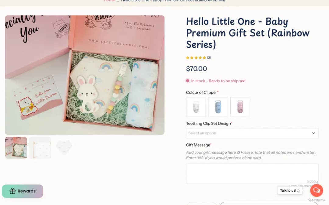 Screenshot of the Hello Little One Baby Premium Gift Set page on littlebearnie.com, taken 18 Oct 2026