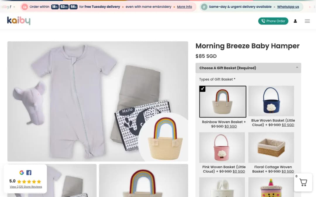 Screenshot of the Morning Breeze Baby Hamper page on kaiby.sg, taken 18 Oct 2026