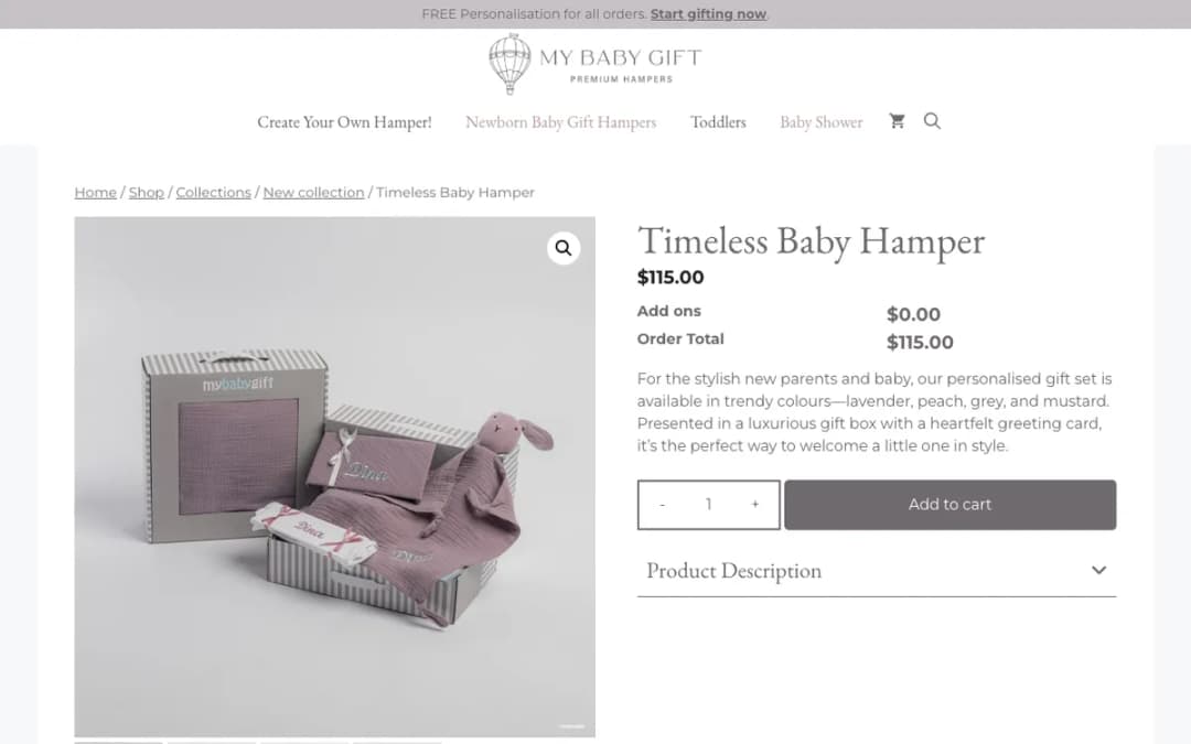 Screenshot of the Timeless Baby Hamper page on mybabygift.com.sg, taken 18 Oct 2026