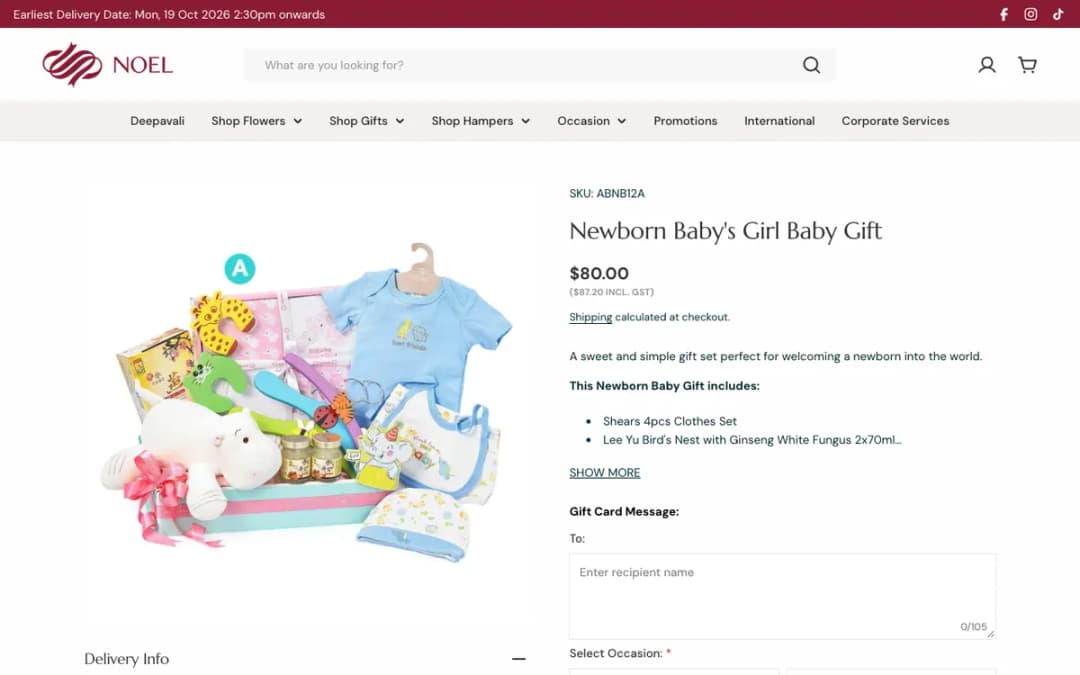 Screenshot of the Newborn Baby's Girl Baby Gift page on noelgifts.com, taken 18 Oct 2026