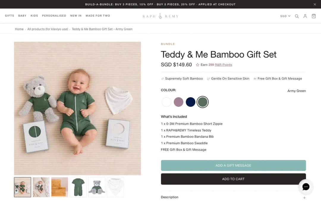 Screenshot of the Teddy & Me Bamboo Gift Set page on raphandremy.com, taken 18 Oct 2026
