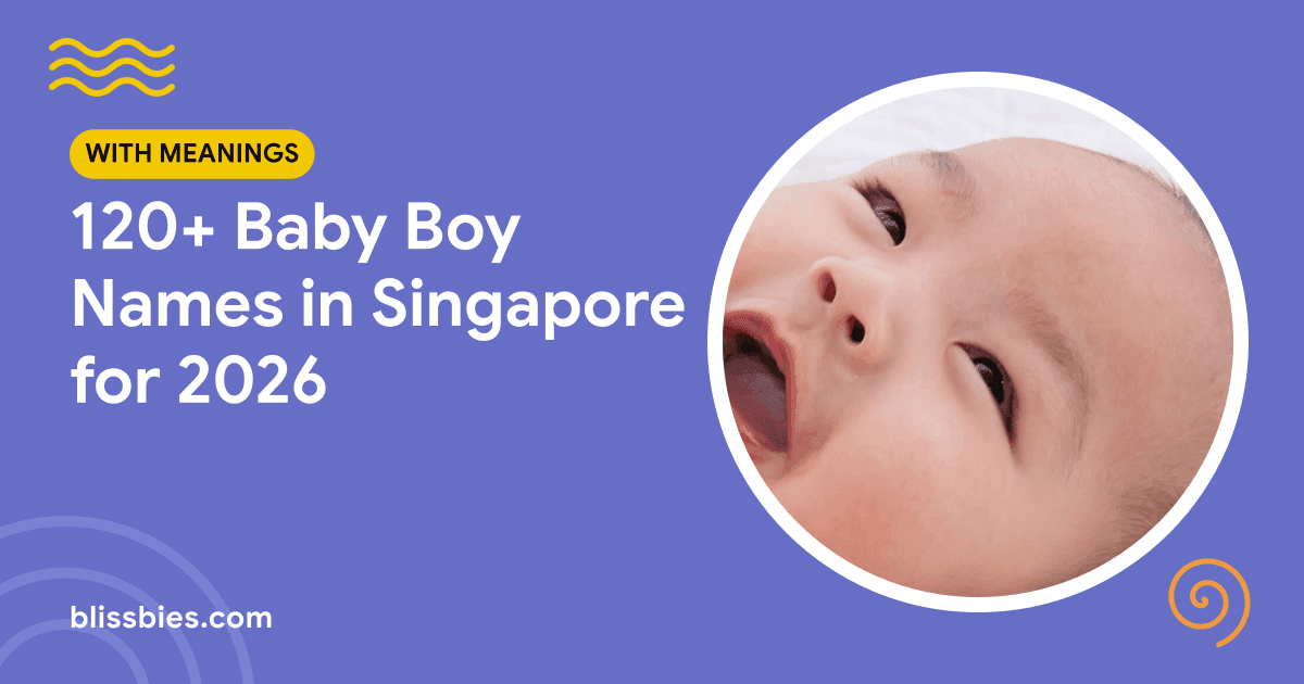 Blissbies title card: 120+ Baby Boy Names in Singapore for 2026, with a laughing baby boy