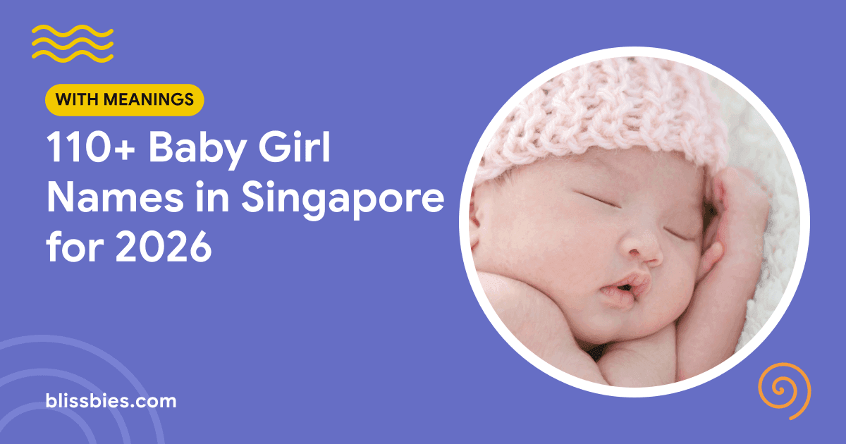 Blissbies title card: 110+ Baby Girl Names in Singapore for 2026, with a sleeping baby in a pink knitted hat