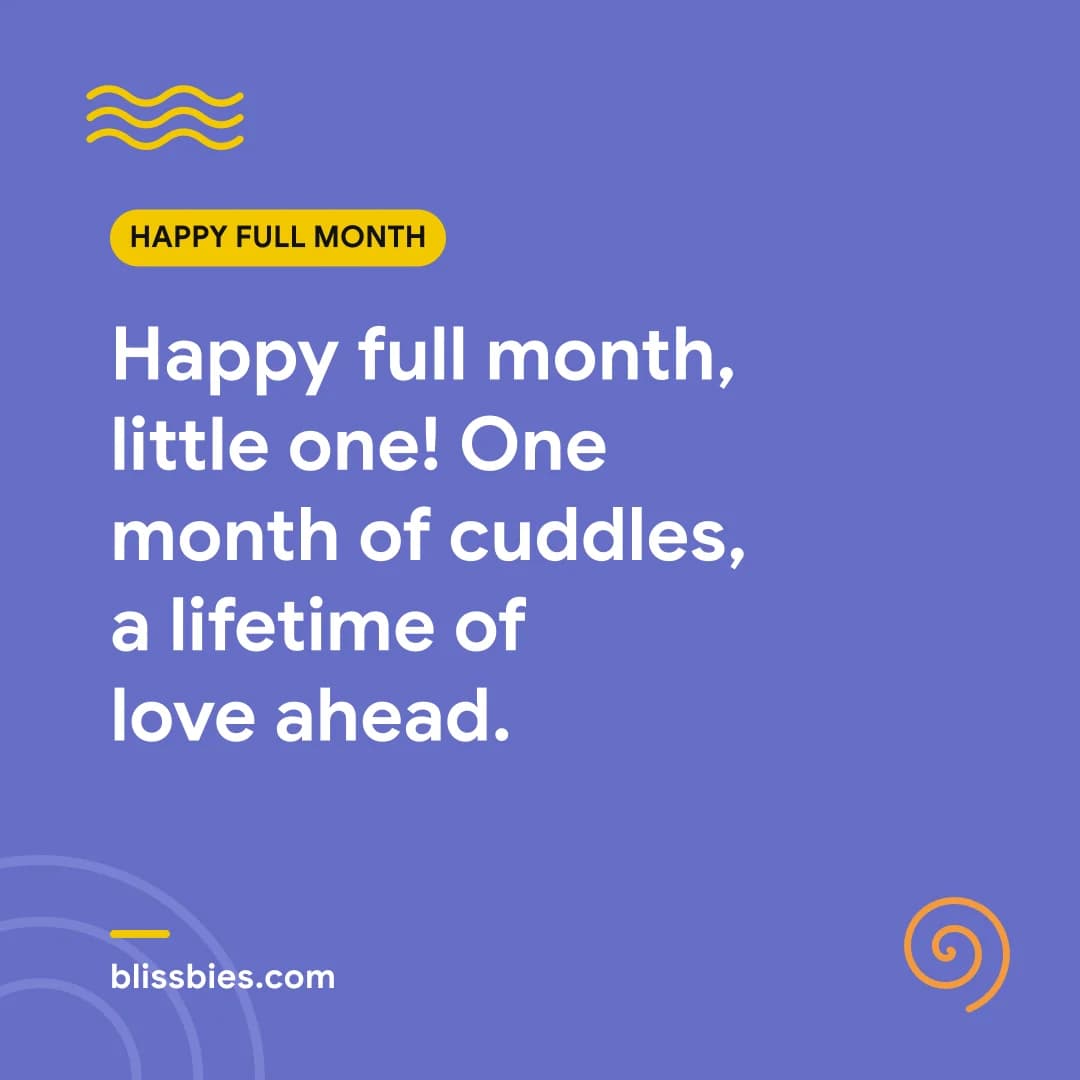 Full month wish card in Blissbies purple: Happy full month, little one! One month of cuddles, a lifetime of love ahead.