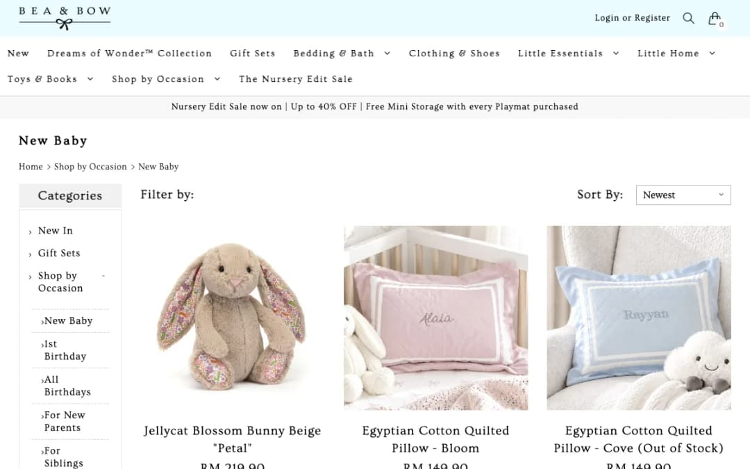 Screenshot of the Bea & Bow new baby gifts page, taken 17 Oct 2026