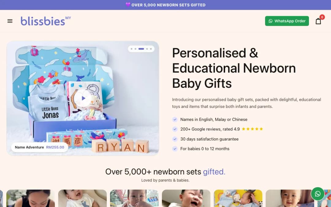 Screenshot of the Blissbies Malaysia personalised newborn baby gifts page, taken 17 Oct 2026