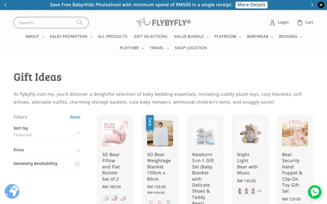 Screenshot of the FLYBYFLY Malaysia gift ideas page with baby blankets and gift sets, taken 17 Oct 2026