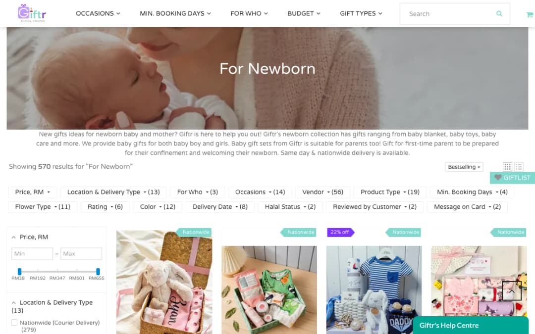 Screenshot of the Giftr newborn gifts page, taken 17 Oct 2026