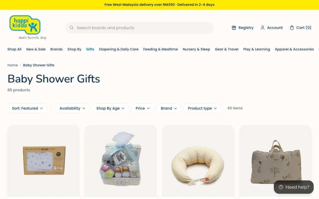 Screenshot of the Happikiddo baby shower gifts page, taken 17 Oct 2026