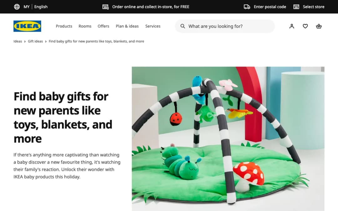 Screenshot of the IKEA Malaysia baby gifts page with a baby gym and soft toys, taken 17 Oct 2026