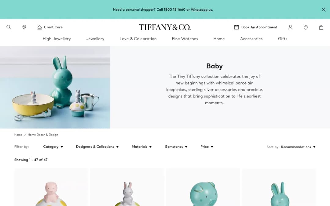 Screenshot of the Tiffany & Co. Malaysia baby designs page with porcelain and silver baby keepsakes, taken 17 Oct 2026