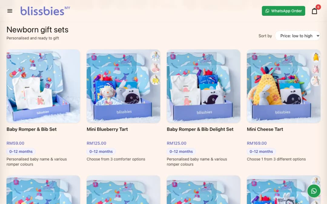 Screenshot of the Blissbies newborn gift sets page, taken 15 Oct 2026