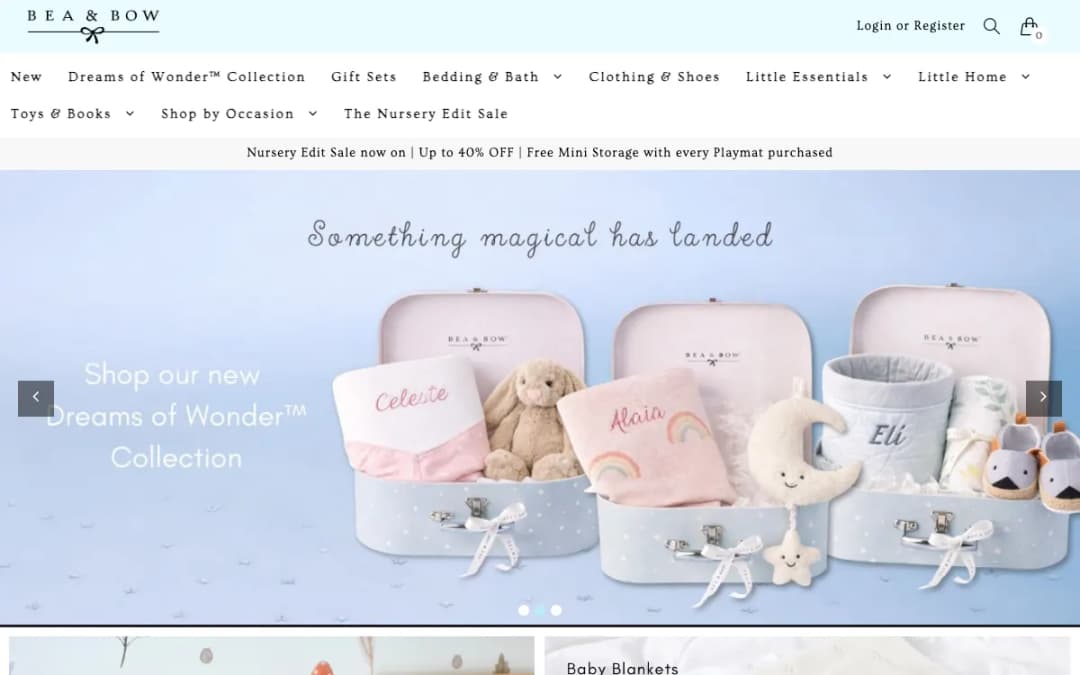 Screenshot of the Bea & Bow homepage, taken 15 Oct 2026