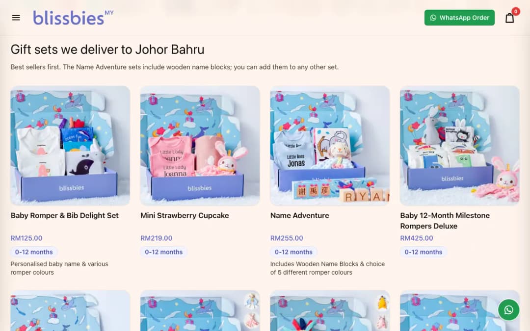 Screenshot of the Blissbies gift sets for Johor Bahru, taken 15 Oct 2026