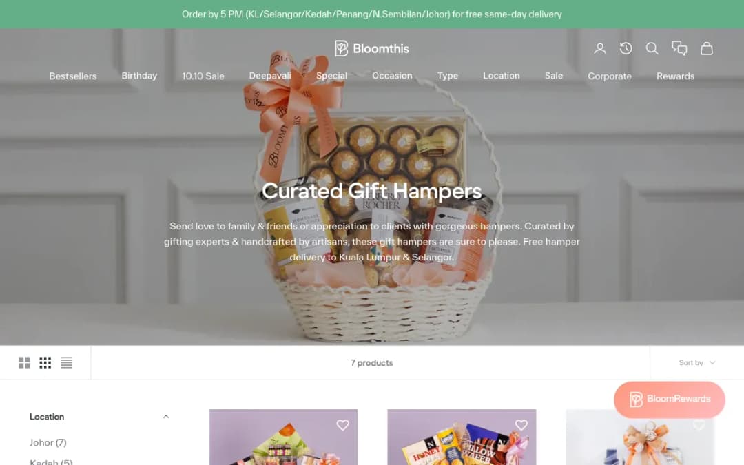Screenshot of the BloomThis gift hampers page, taken 15 Oct 2026