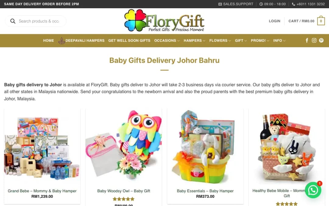 Screenshot of the FloryGift Johor Bahru baby gifts page, taken 15 Oct 2026