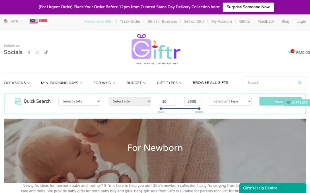 Screenshot of the Giftr newborn gifts page, taken 15 Oct 2026