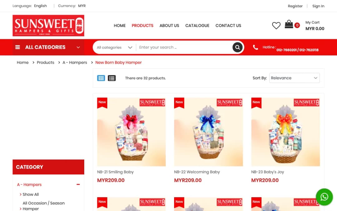 Screenshot of the Sunsweet newborn baby hamper page, taken 15 Oct 2026
