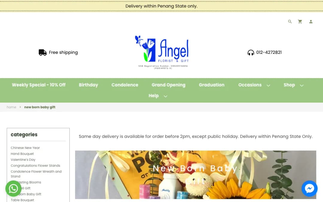 Screenshot of the Angel Florist & Gift website, taken 15 Oct 2026