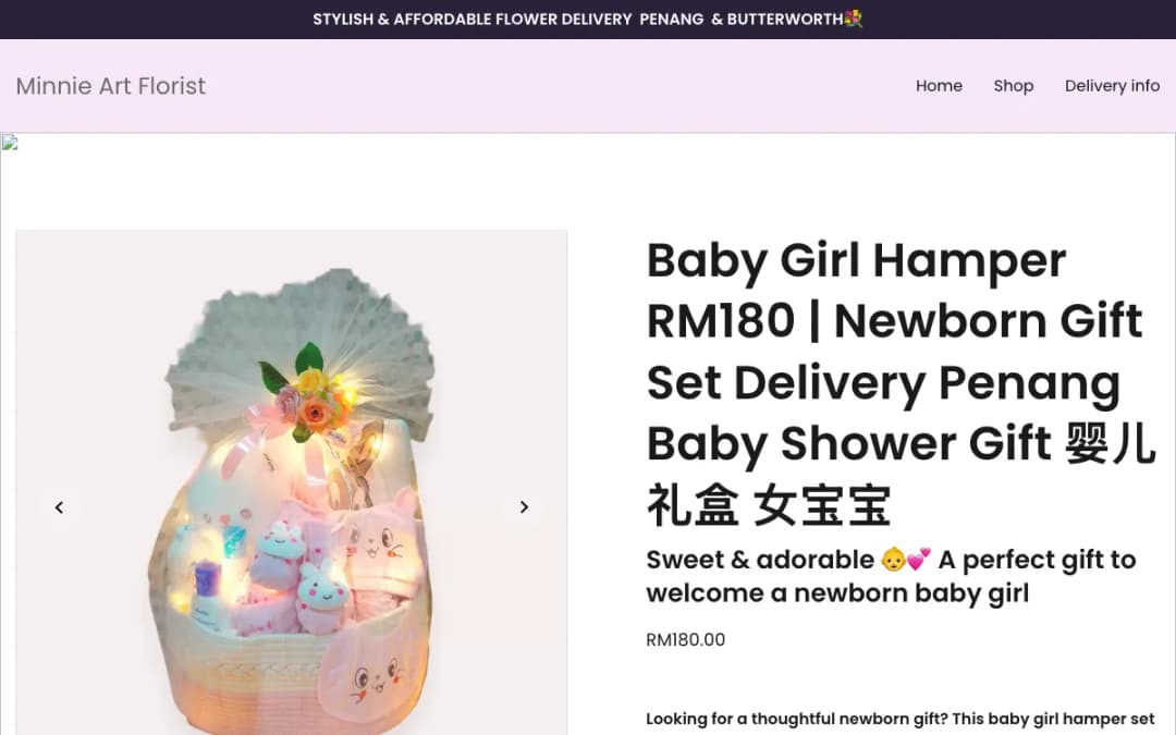 Screenshot of the Minnie Art Florist website, taken 15 Oct 2026