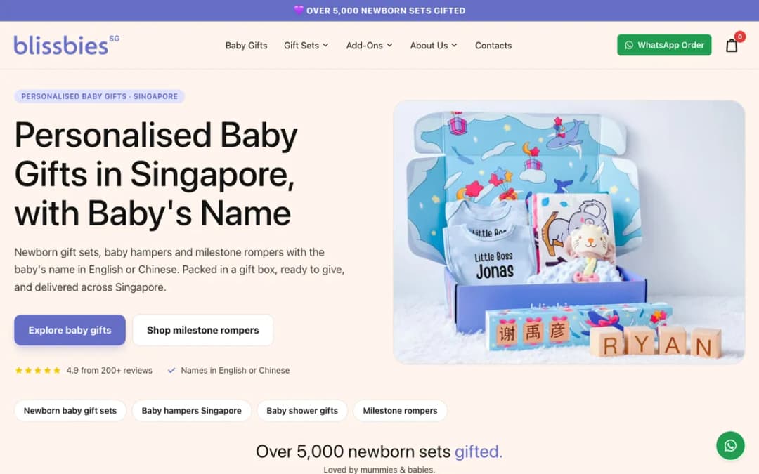 Screenshot of the Blissbies Singapore homepage with personalised baby gift sets, taken 18 Oct 2026