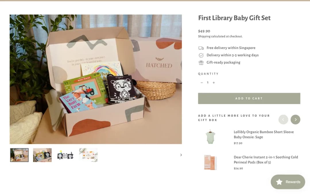 Screenshot of the First Library Baby Gift Set page on hatchery.com.sg, taken 18 Oct 2026