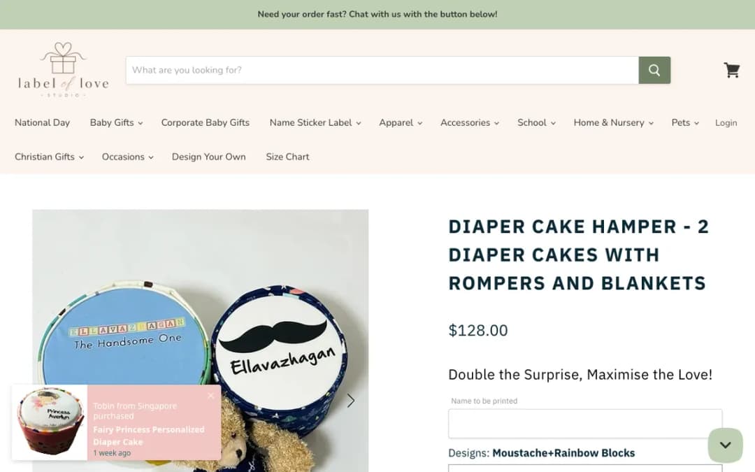 Screenshot of the Diaper Cake Hamper page on labeloflovestudio.com, taken 18 Oct 2026