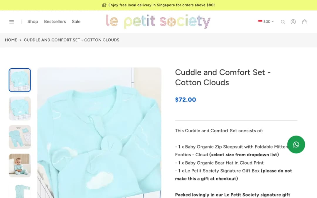 Screenshot of the Cuddle and Comfort Set page on lepetitsociety.com, taken 18 Oct 2026