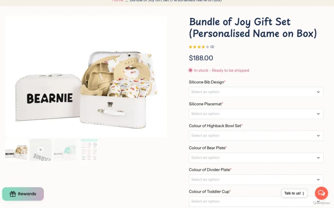 Screenshot of the Bundle of Joy Gift Set page on littlebearnie.com, taken 18 Oct 2026