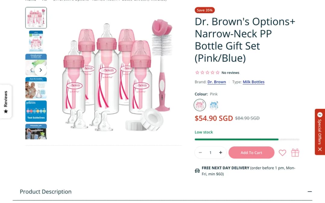 Screenshot of the Dr. Brown's Options+ Narrow-Neck Bottle Gift Set page on pupsik.sg, taken 18 Oct 2026