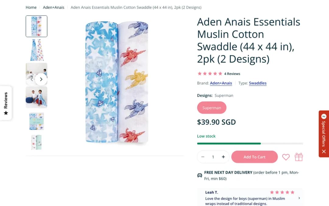 Screenshot of the Aden + Anais swaddle 2-pack page on pupsik.sg, taken 18 Oct 2026