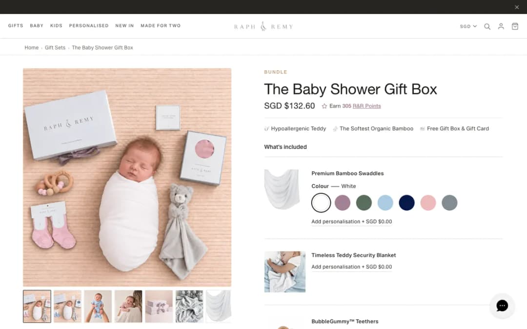 Screenshot of the The Baby Shower Gift Box page on raphandremy.com, taken 18 Oct 2026
