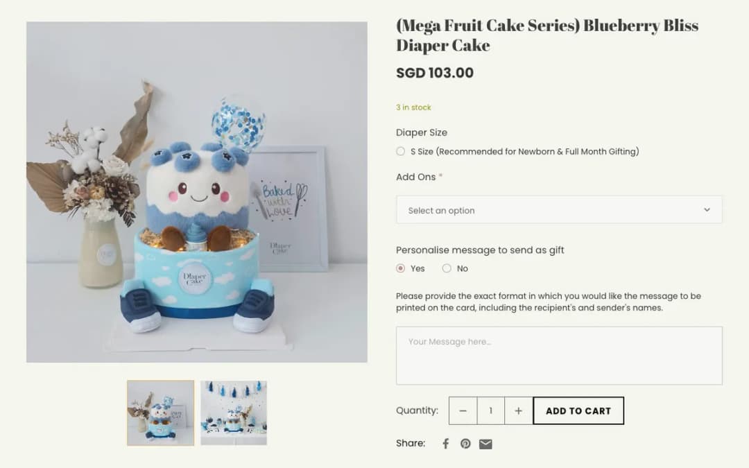 Screenshot of the Blueberry Bliss Diaper Cake page on diapercakeavenue.com, taken 18 Oct 2026
