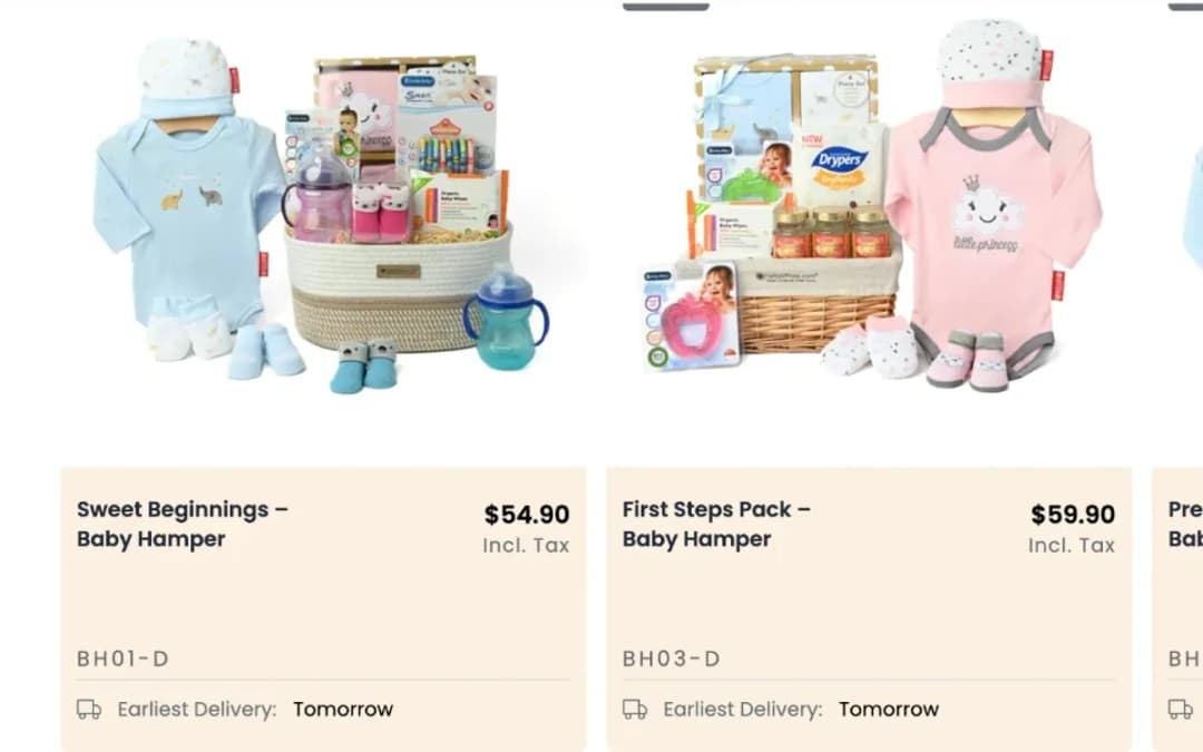 Sweet Beginnings Baby Hamper (S$54.90) and First Steps Pack on the fareastflora.com New Baby page, taken 18 Oct 2026