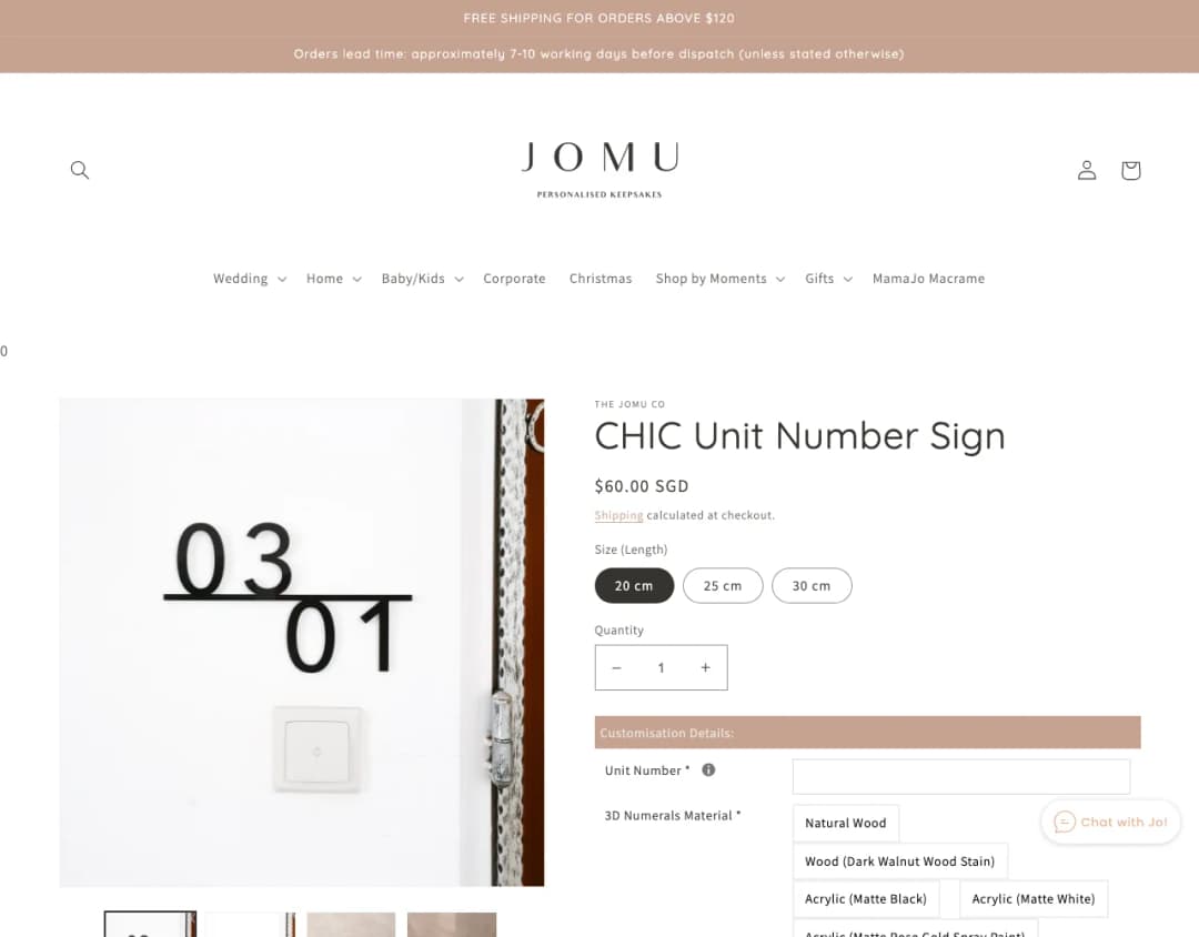 Screenshot of The Jomu Co CHIC Unit Number Sign page showing S$60.00 SGD and a black number sign on a white door, taken 29 Oct 2026