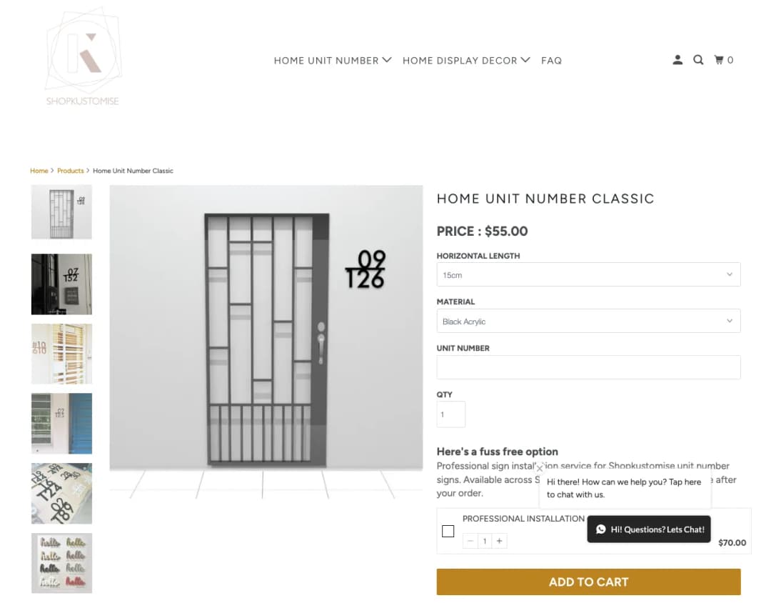 Screenshot of the Shopkustomise Home Unit Number Classic page showing price S$55.00 and a sign beside a gate door, taken 29 Oct 2026