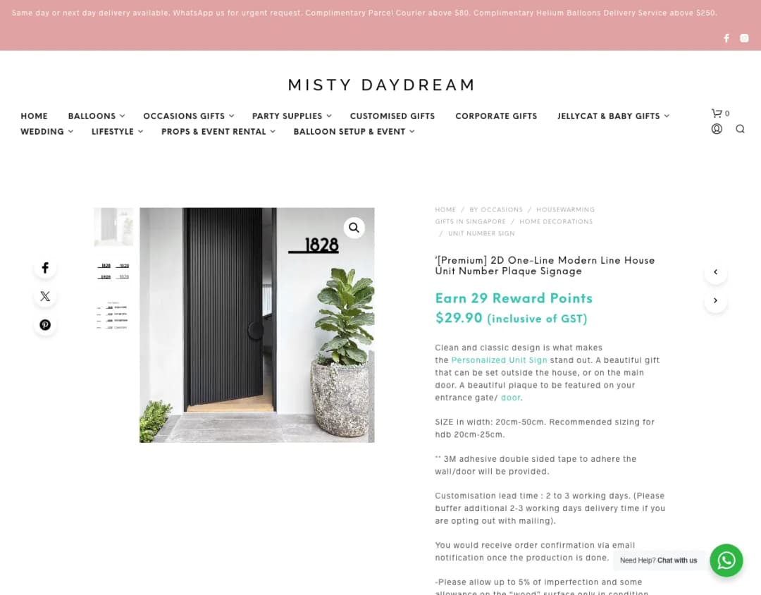 Screenshot of the Misty Daydream Premium 2D One-Line Modern Line House Unit Number Plaque Signage page showing S$29.90, taken 29 Oct 2026